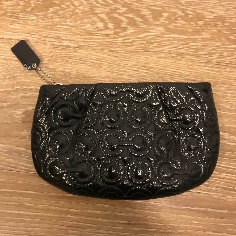 Coach black patent leather logo clutch